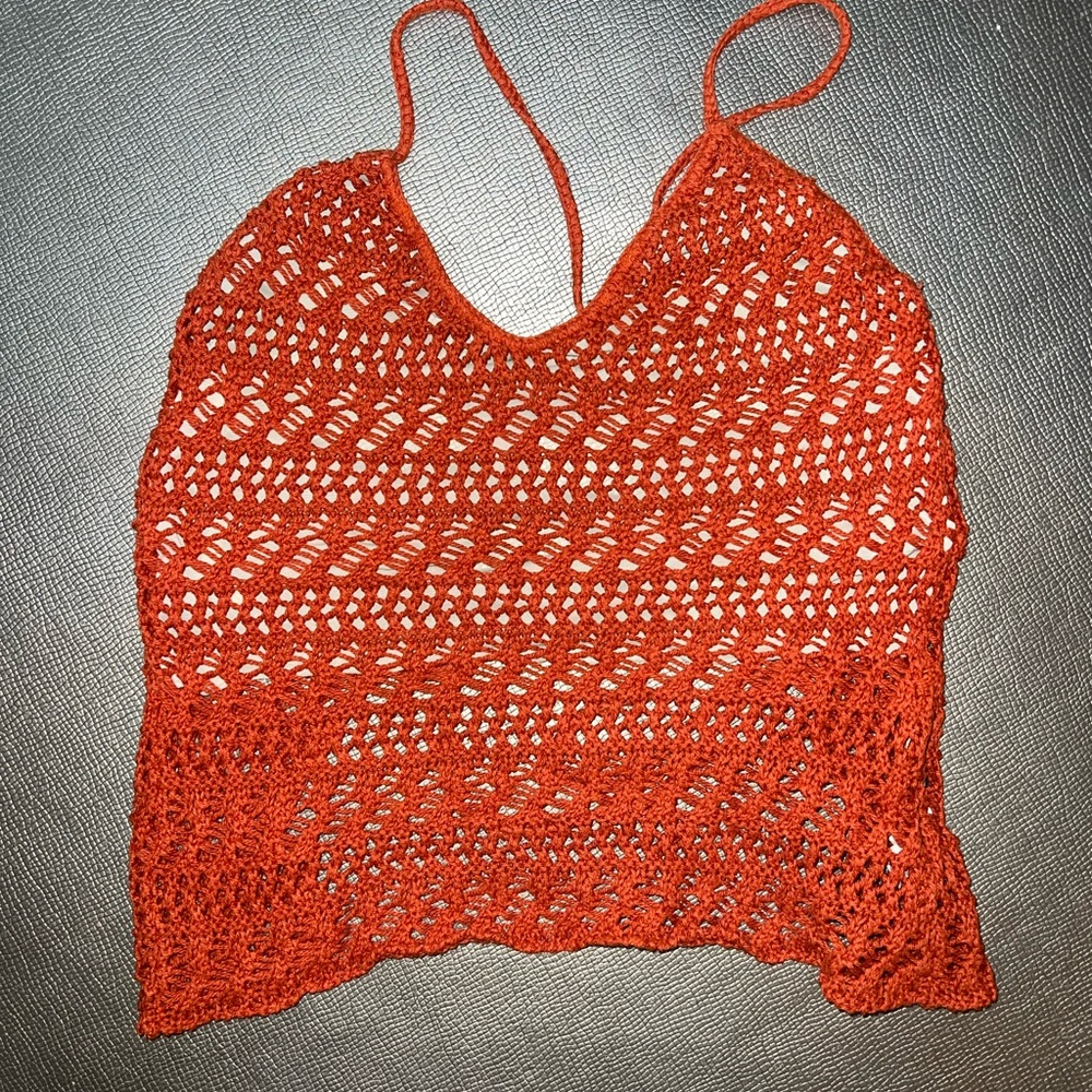 Mandee vintage crochet halter top orange boho hippie size small